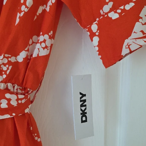 DKNY Darker Orange and White Midi Dress With Tie Lightweight 3 Button New - Picture 3 of 14